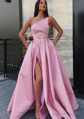 A-line One-Shoulder Long/Floor-Length Satin Prom Dresses With Pockets Waistband Split